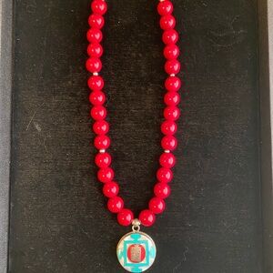 Red Glass Beaded Necklace with Sterling Silver Pendant